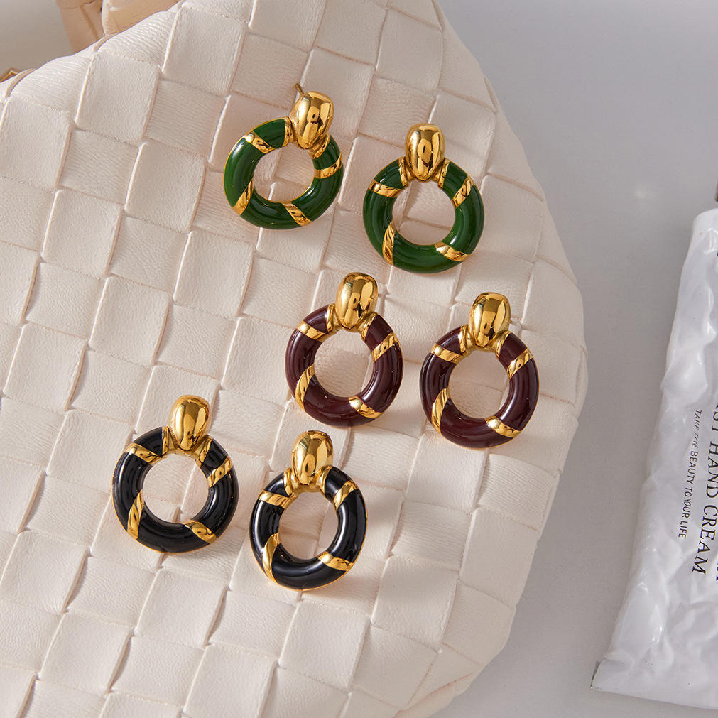 Gold-Accent Enamel Hoop Drop Earrings