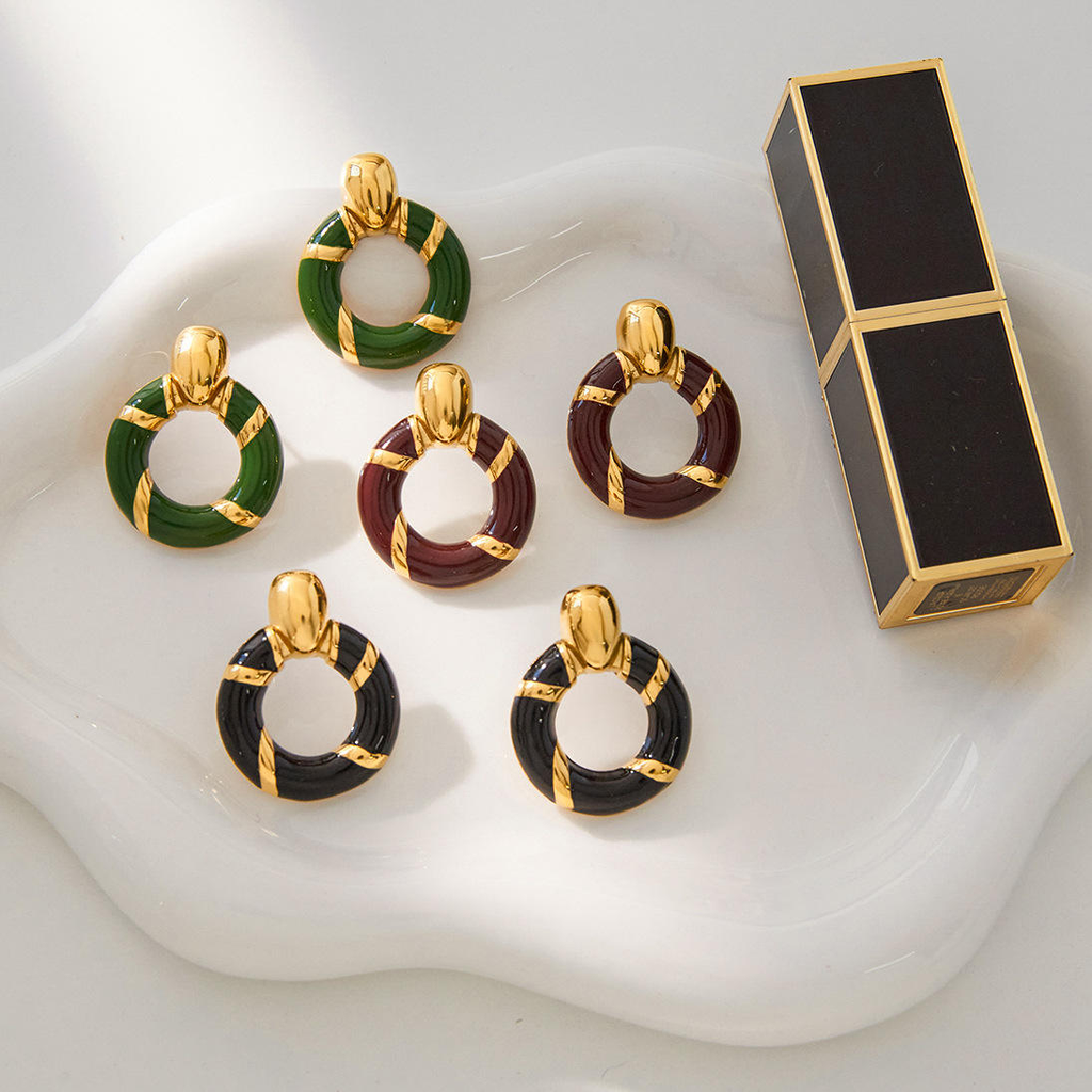 Gold-Accent Enamel Hoop Drop Earrings
