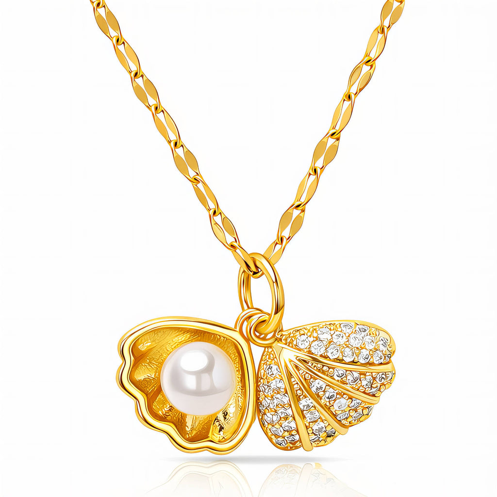 Gold Seashell Pearl & Crystal Necklace