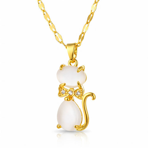 Gold necklace with a cat-shaped pendant on a white background