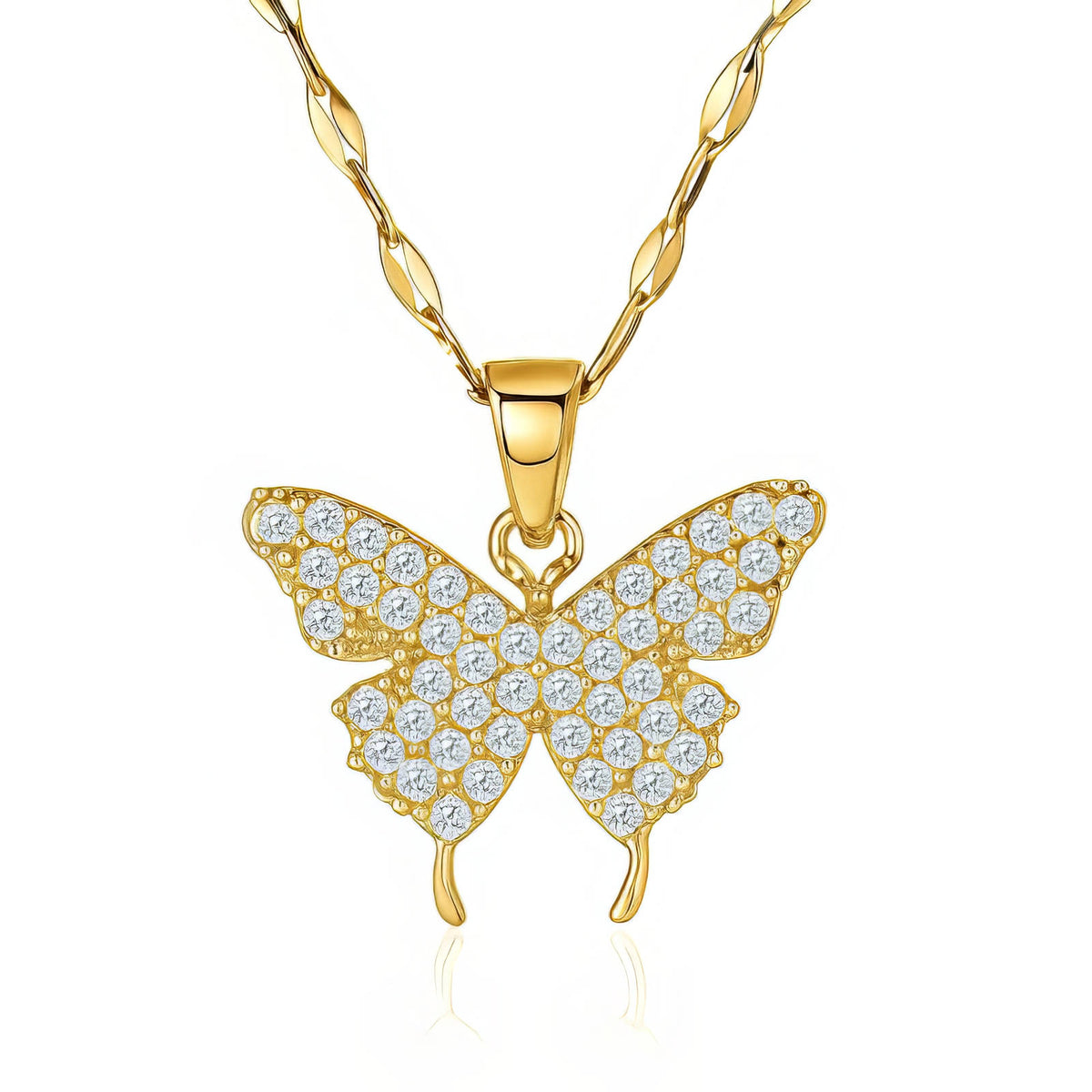 Gold butterfly pendant necklace with clear gemstones on a white background