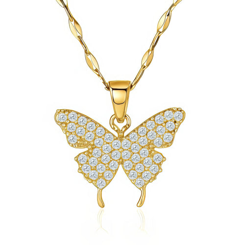 Gold butterfly pendant necklace with clear gemstones on a white background