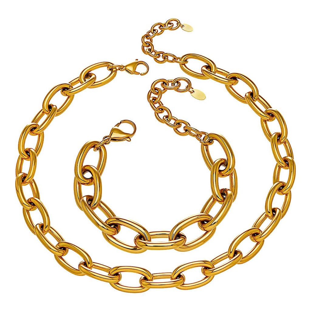 A chunky gold chaina.nd matching bracelet with large oval links, displayed on a clean white background.